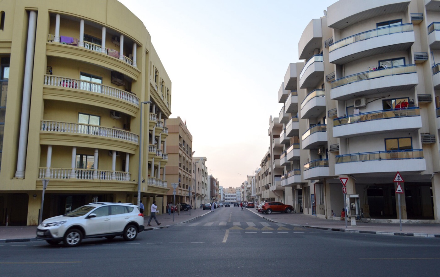 A residential street of low-rise apartment buildings in Bur Dubai